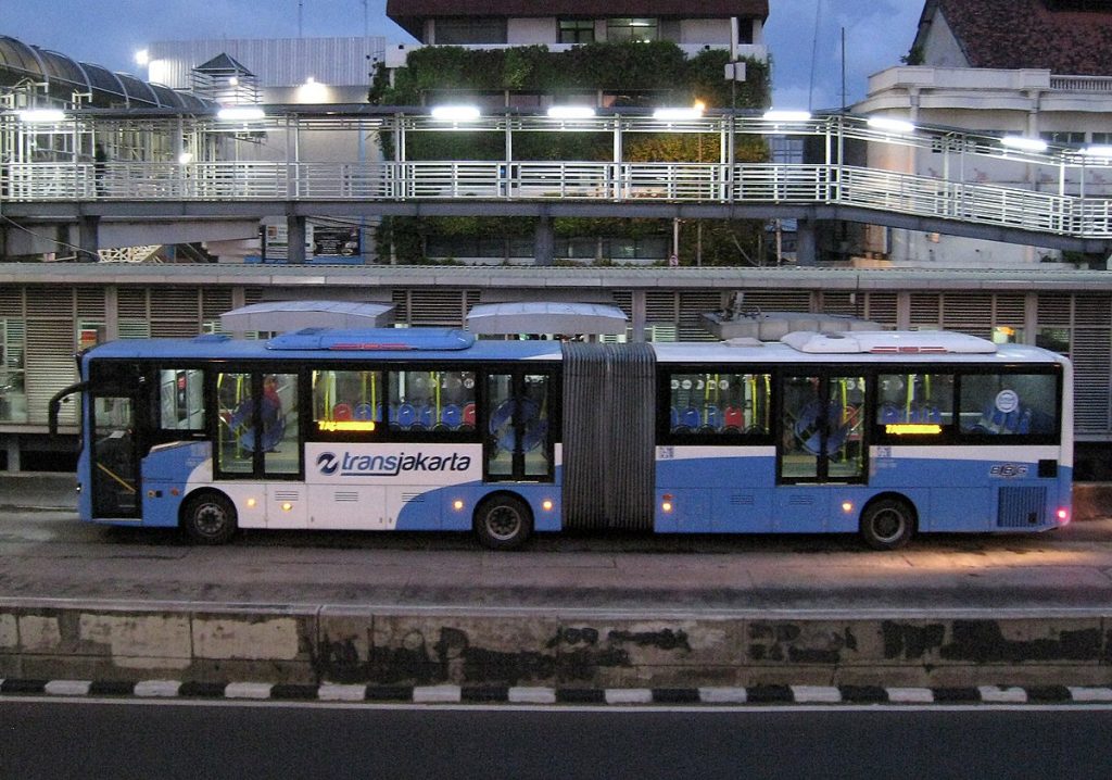 Transjakarta articulated bus at Harmoni Central Busway, Central Jakarta, Indonesia.